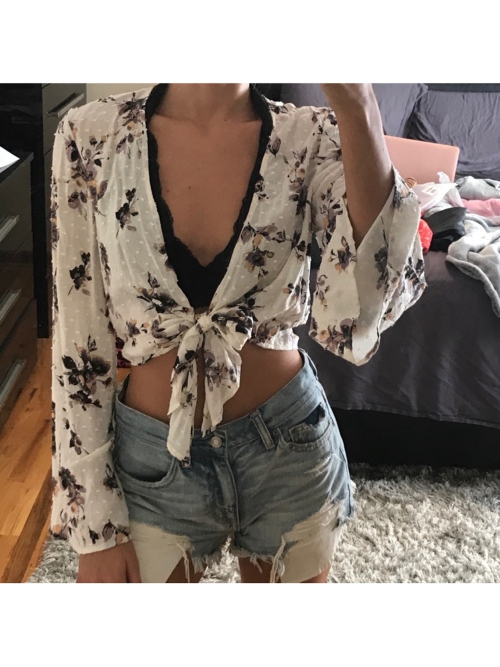 Honey punch off white crop top tie floral top bell sleeves purple black orange